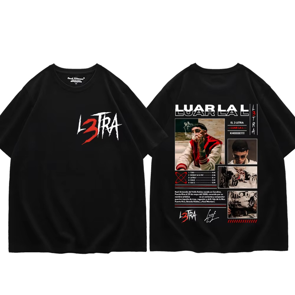 เสื้อยืดสไตล์ Harajuku Hip-Hop จากอัลบั้ม Merch ของ Rapper Luar La L3TRA แขนสั้น สำหรับชายและหญิง ใส