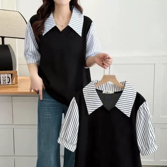 [เสื้อโอเวอร์ไซส์] (40-150กิโลกรัม) ฤดูร้อนสองชิ้นลายเสื้อโปโลคอปกขนาดบวกแขนสั้นชุดลําลองผู้หญิงเสื้อ
