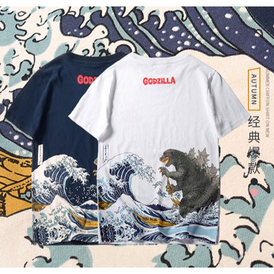 ผ้าฝ้ายแท้แฟชั่น Godzilla เสื้อยืด Ukiyo-E เสื้อผ้าผู้ชายคู่แขนสั้นสไตล์ญี่ปุ่นพิมพ์ Street