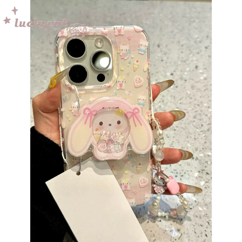 ใช้งานร่วมกับiPhone 16 15 14 13 12 11 Pro Max X Xr Xs Max 7 8 Plus SE2020 เคสโทรศัพท์Insน่ารักสีชมพูโบว์กระต่ายหูKT Cat + Lanyard + Stand Softปกหลัง