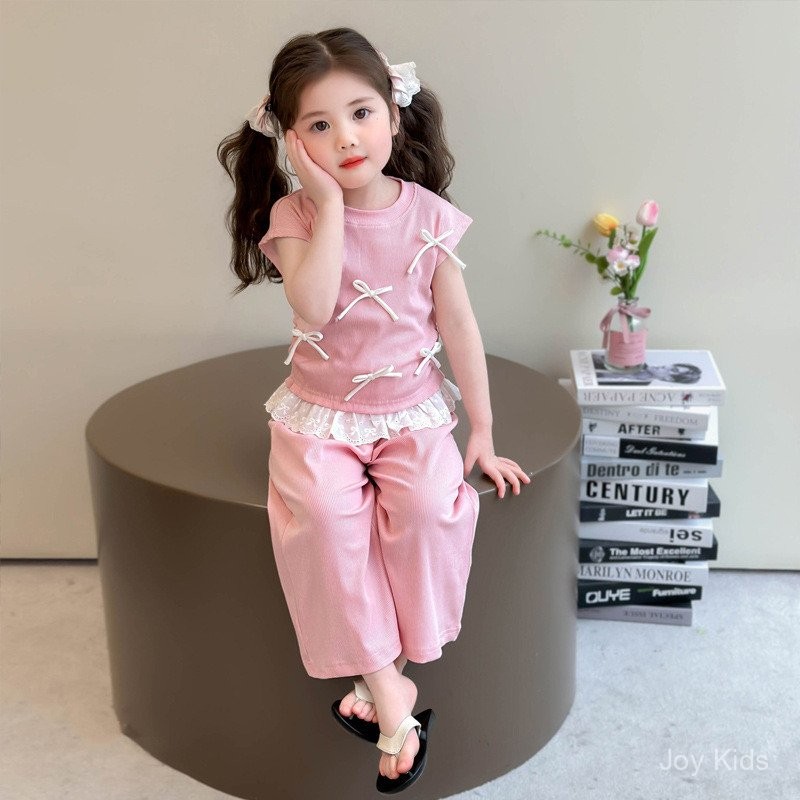 ✨JoyKids✨ เสื้อยืดเด็กหญิงโบว์3D คู่กางเกงขากว้างสไตล์เกาหลี 2025เนื้อผ้าไมโครโมดัล นุ่มลื่น - รูปที่ 4