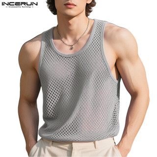 INCERUN Men Vintage Casual Crew Neck Sleeve Hollow Mesh Brea…