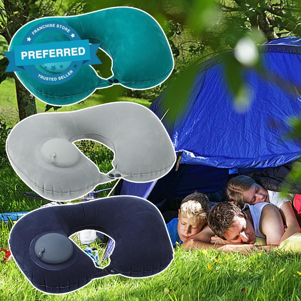 U-shape หมอนท่องเที่ยวอัตโนมัติ Air Inflatable เครื่องบินพับแหวนหมอนกดหมอน L7c2