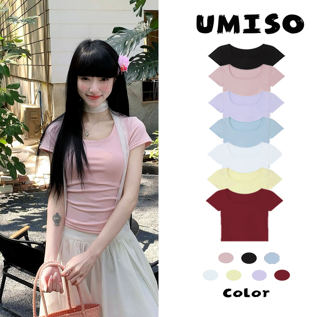 ร้อมส่ง เสื้อยืดแขนสั้นผ้ามน้ำ แข็งผู้หญิงเสื้อยืดสีทึบสไตล์เกาหลีทรงเข้ารูปและใช้งได้หลากหลายUMISO