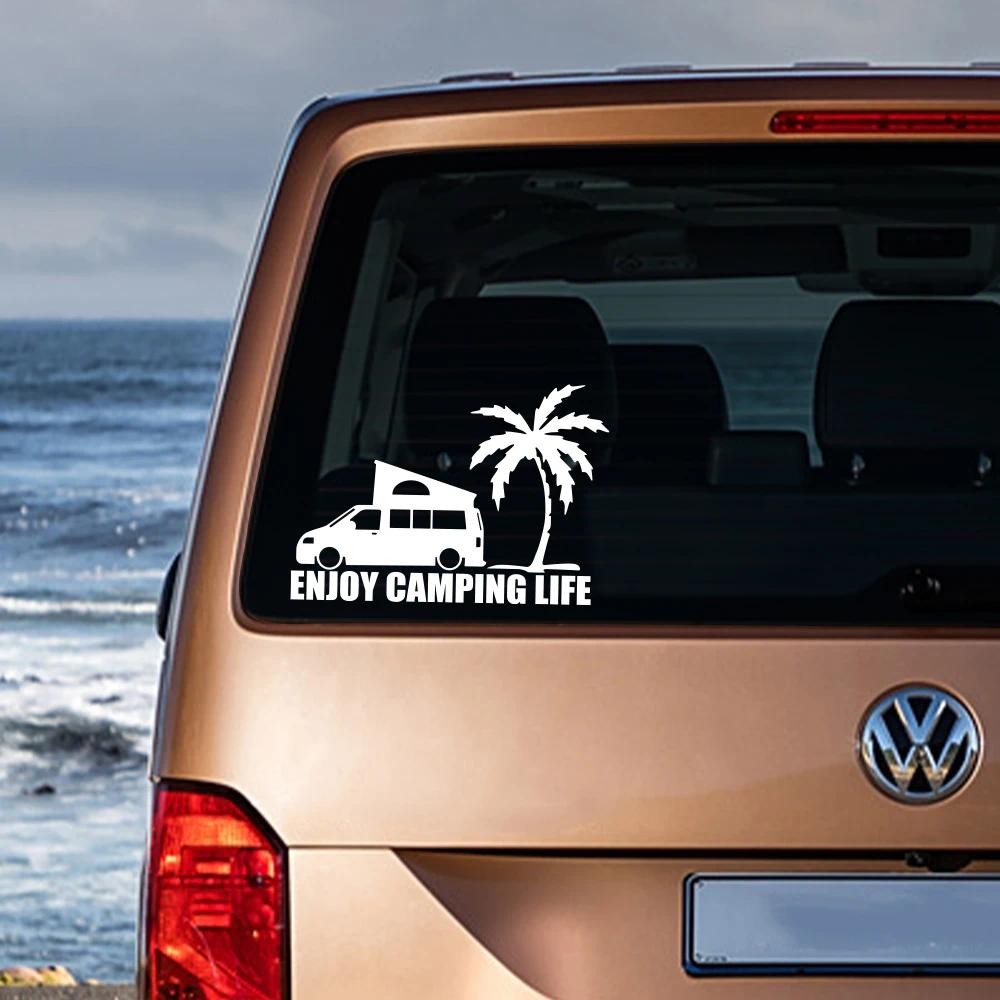 Camping Life Palm Tree สติกเกอร์รถไวนิลตกแต่งกระจกหน้าต่างประตูด้านข้าง Decal สําหรับ VW Volkswagen 