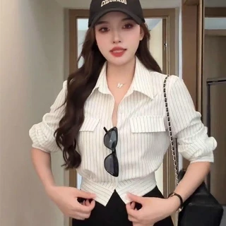 Chili#เสื้อเชิ้ตแขนยาวคอปกลายทางสไตล์ฝรั่งเศสกระดุมแถวเดียวสำหรับผู้หญิงช่วงต้นฤดูใบไม้ร่วงใหม่เสื้อโค้ททรงเข้ารูป#W629