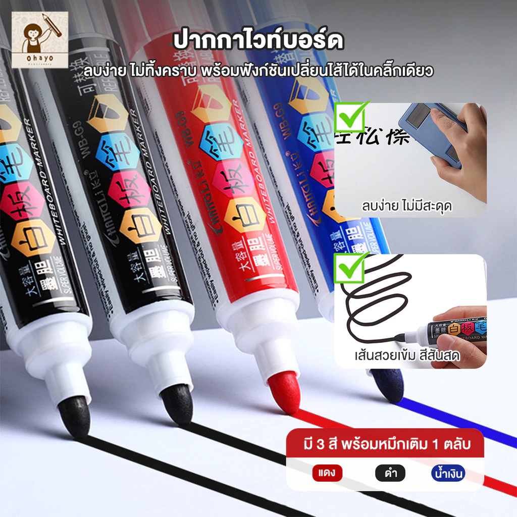 ohayo ปากกาไวท์บอร์ดปลอดสารพิษ ปากกามาร์คเกอร์ ลบง่าย ปากกาไวท์บอร์ด ปากกาเขียนกระดานน้ำมัน ตลับหมึกแบบเปลี่ยนได้