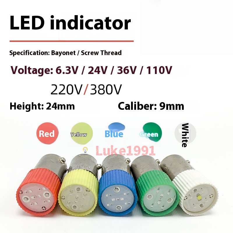 BA9S LED โคมไฟลูกปัดตัวบ่งชี้หลอดไฟ B9 สีสกรู E10 6.3V 12V 24V110V 220V 380V 10 ชิ้น
