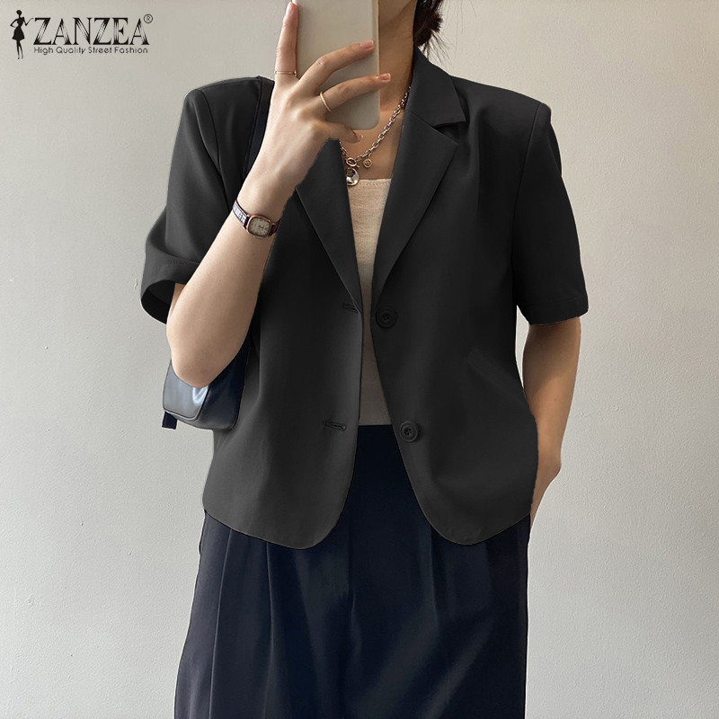 ZANZEA เสื้อเบลาส์แขนสั้น สไตล์เกาหลี แบบปกยืนสำหรับผู้หญิง เปิดด้านหน้า - รูปที่ 4