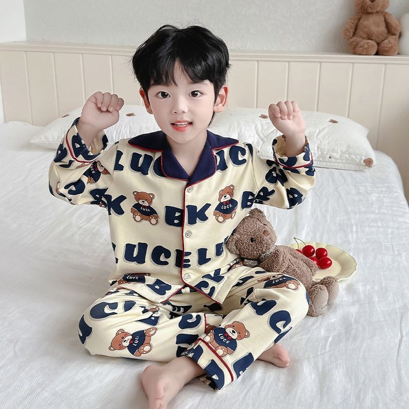 ชุดนอนแขนยาวสำหรับผู้ชาย ออกแบบมาในสไตล์เกาหลี ลายการ์ตูนน่ารัก พร้อมหมีหล่อ พิมพ์บนเสื้อกางเกง สบายๆ สำหรับฤดูใบไม้ผลิและฤดูใบไม้ร่วง