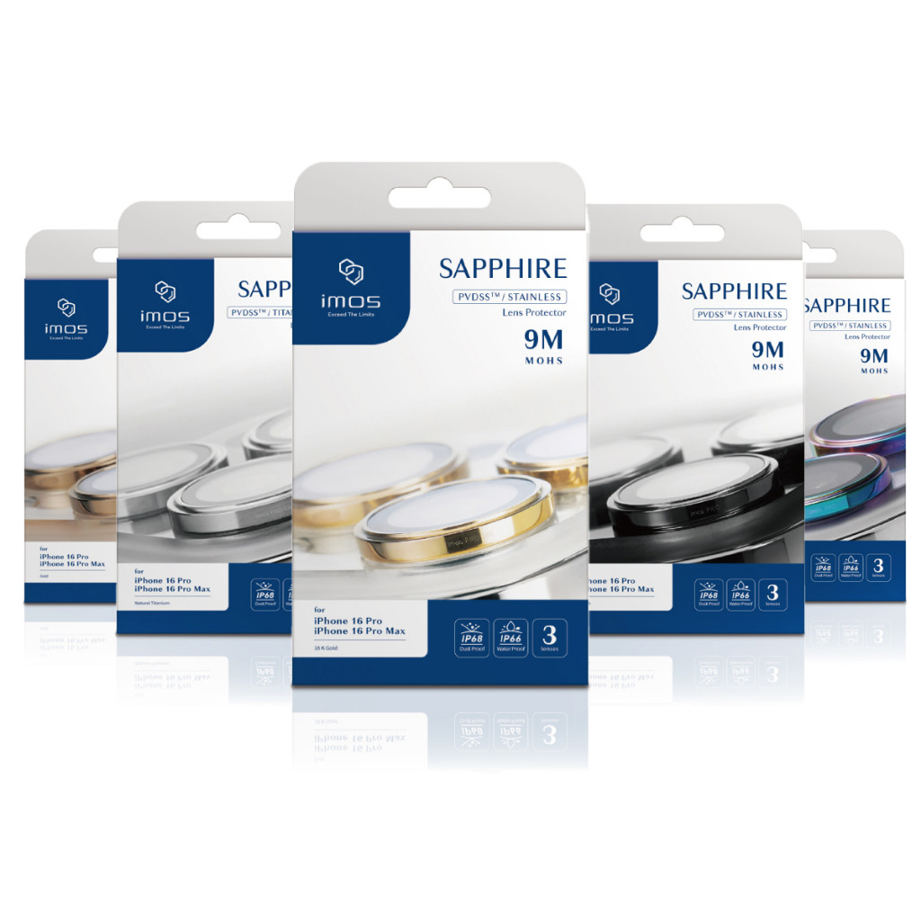 iMos ฟิล์มกระจกเลนส์กล้อง Sapphire  PVDSS Stainless Pro Lens Ring สำหรับ iPhone 16 Pro/16 Pro Max