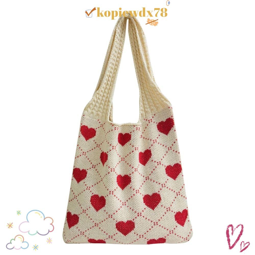 กระเป๋าถักโครเชต์ Fairy Grunge Heart Pattern ความจุมาก สไตล์ใหม่ เหมาะสำหรับใช้ทั้งในวันหยุดและเดินท