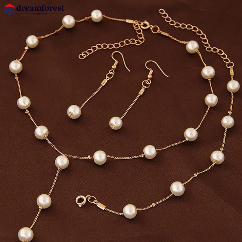 DFS ใหม่ ชุดสร้อยคอมุก สร้อยข้อมือ และต่างหู สไตล์เงิน/ทอง ชุบ เหมาะสำหรับผู้หญิง