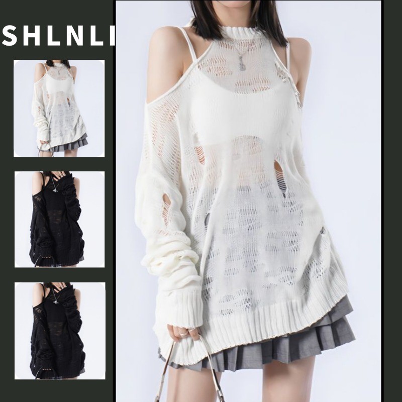 เสื้อยืดสไตล์เกาหลีเปิดไหล่แขนยาว สำหรับฤดูใบไม้ผลิและฤดูร้อน แบบหลวมบาง