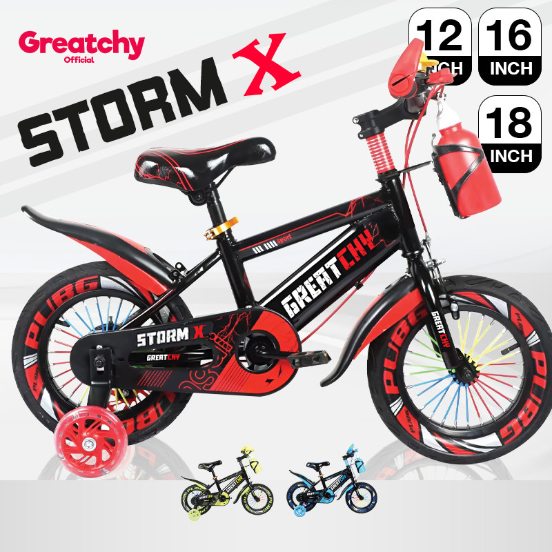 Greatchy จักรยานเด็ก 12/16/18 นิ้ว  Storm X จักรยาน ล้อลาย ล้อเสริมมีไฟ มีกระบอกน้ำ การ์ดแฮนด์