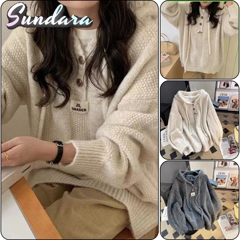 สเวตเตอร์แขนยาวสไตล์เกาหลี มีฮู้ด ทอจากเนื้อผ้าถักข้าวเหนียว นุ่มสบายสำหรับฤดูหนาว