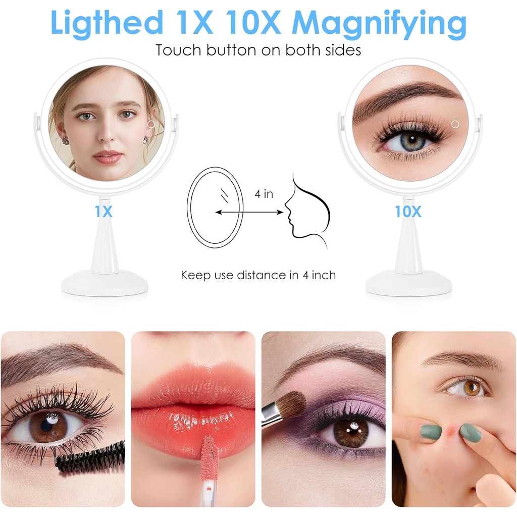 1X 10x แว่นขยายพร้อมไฟ, สองด้าน 8" Lighted กระจกแต่งหน้า ชาร์จใหม่ได้ หมุนได้ 360 องศา กรอบพลาสติกสี