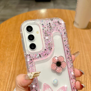 SAMSUNG สําหรับSamsung A06 A07 A17 A16 A26 A36 A56 A14 A34 A54 A05 A05s A15 A35 A55 S26 S25 S24 Plus S26 Ultra 5G Glitterดอกไม้ผีเสื้อฝาครอบนุ่ม