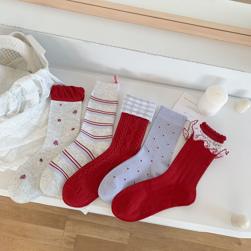 ถุงเท้าโลลิต้าผู้หญิง ผ้าฝ้ายลายจุดแดง