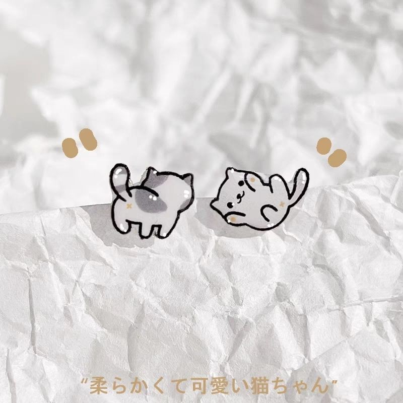 ต่างหูแมวน้อยสไตล์การ์ตูน ทำจากเงินบรอนซ์ 925 สไตล์น่ารักแบบญี่ปุ่น