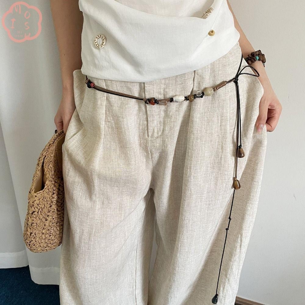 เข็มขัดเชือกแบบVintage สไตล์Bohemian ประดับลูกปัดและหัวกระดุมสำหรับผู้ชายและผู้หญิง