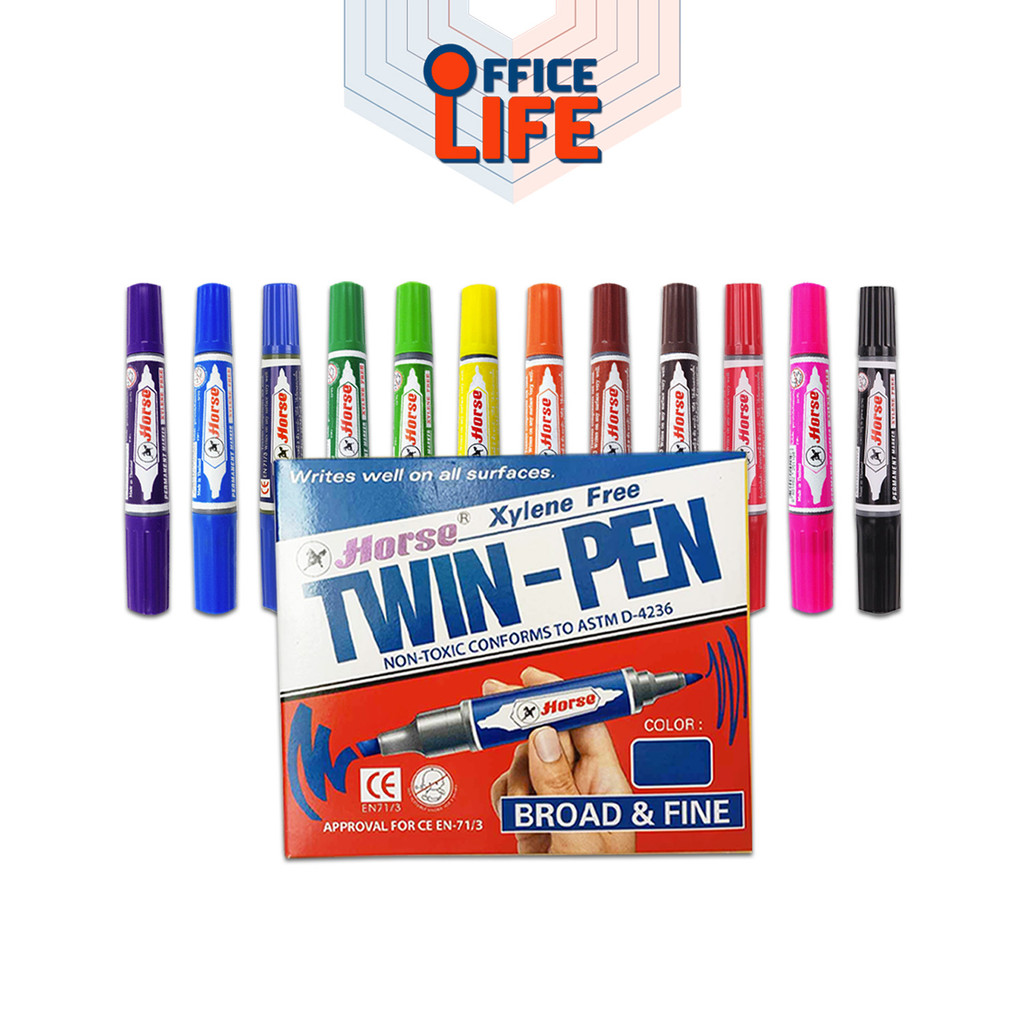 HORSE (ตราม้า) ปากกาเคมี 2 หัว มาร์คเกอร์ กันน้ำ เติมหมึกได้ ลบไม่ออก (12 ด้าม / กล่อง)