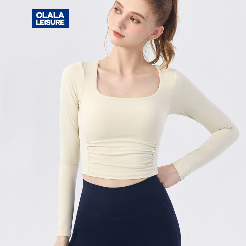 Olala Leisure Yoga Sports T-shirt Crop Top Long Sleeves Fixed Pads Square Neckline