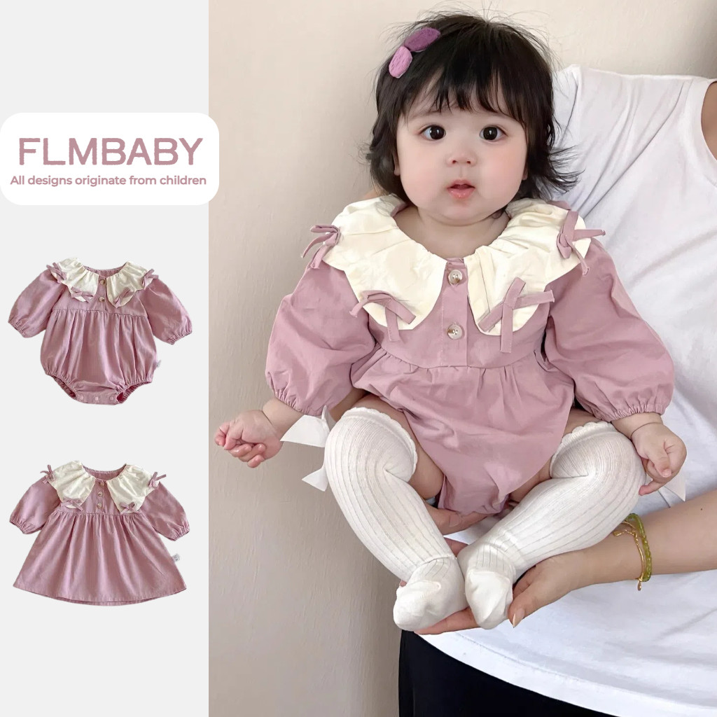 ฤดูใบไม้ร่วงเด็กทารกน้องสาวเสื้อผ้าน่ารักโบว์สีชมพูตกแต่งแขนยาว ชุดรอมเปอร์ หรือชุด 0-3 ปี