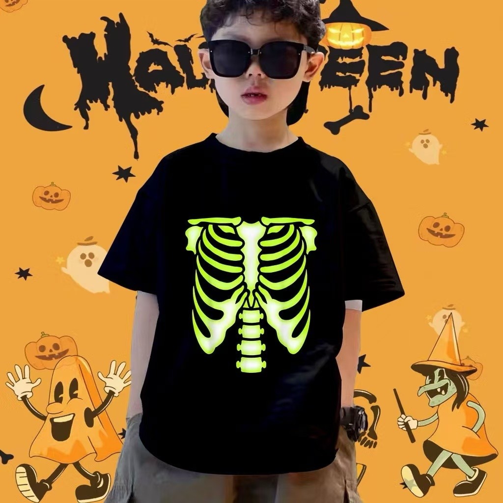 (จัดส่งตลอด 24 ชั่วโมง)KIDS PRINCESS Halloween ฮาโลวีน ลาย โครงกระดูก เสื้อยืดเด็กพร้อมส่ง ผ้าคอตตอล 90-150CM