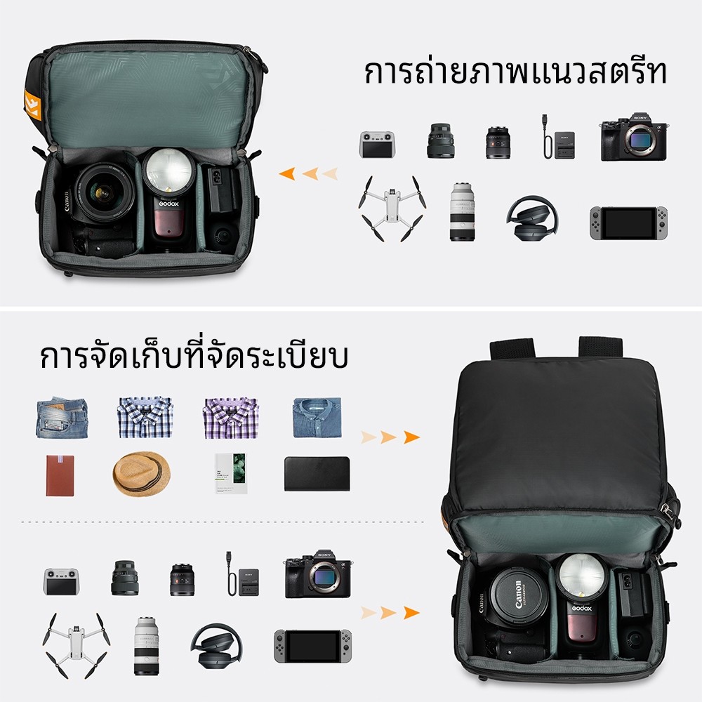 K&F CONCEPT Travel Shoulder Bag กระเป๋ากล้องพับได้ กันน้ำ ใช้ได้ทั้งสะพายเดี่ยวและสะพายคู่