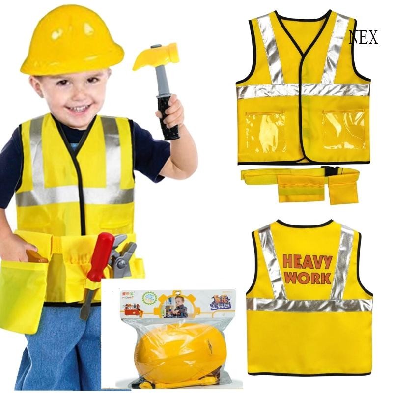 Nex Worker เครื่องแต่งกายสําหรับเด็กชุดงานก่อสร้างเสื้อกั๊กวิศวกรสําหรับเด็กผู้ชาย Worker คอสเพลย์เครื่องแต่งกายเด็กบทบาทเล่น