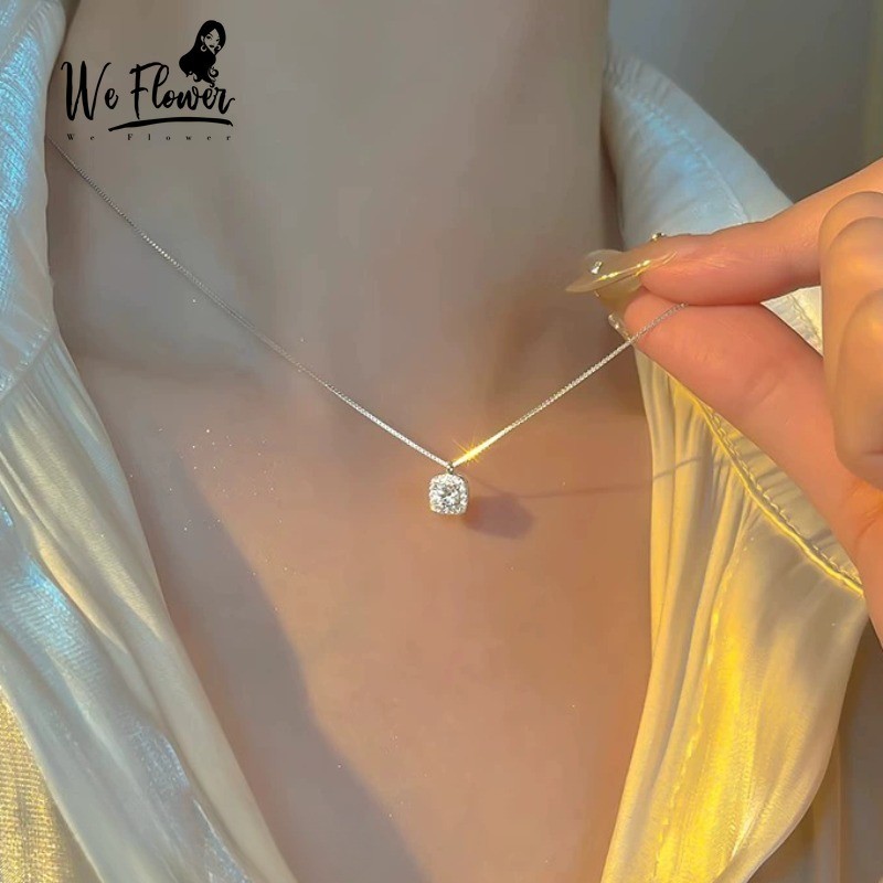 We ดอกไม้ Elegant Shining Crystal Cube จี้สร้อยคอสําหรับผู้หญิงสาวหมั้น Rhinestone คอเครื่องประดับ