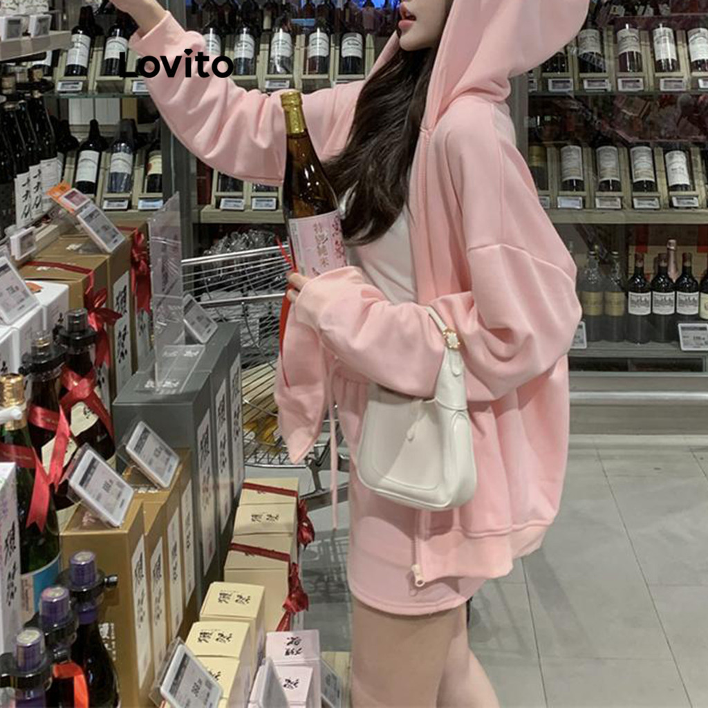 Lovito เสื้อฮู้ดผู้หญิง ซิปหน้า สีพื้น LNA70083