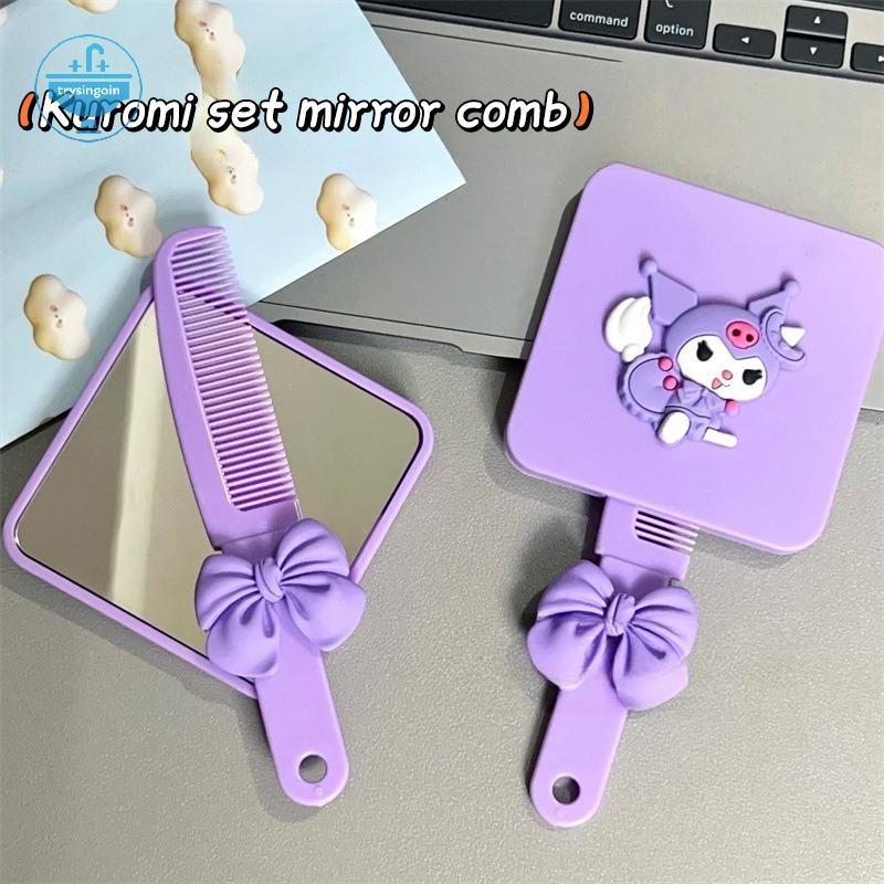 [trysingoin] แบบพกพา Sanrio น่ารัก Kuromi หวีกระจกสแควร์มือถือกระจกเครื่องมือนวดผมหวีสกัด Travel แปรงหวีผมเครื่องมือจัดแต่งทรงผม TH