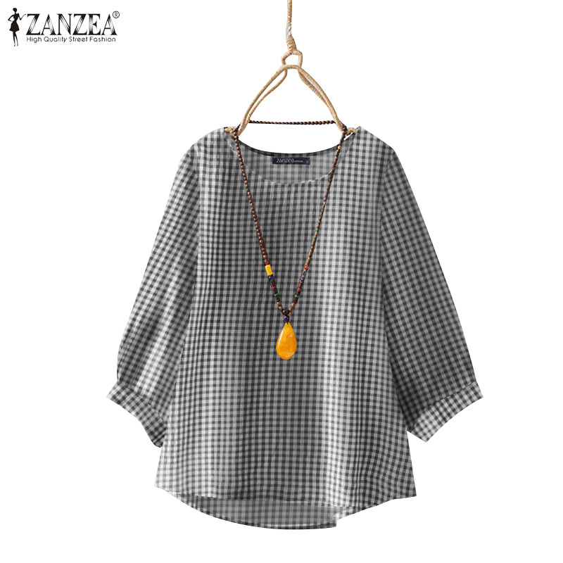 ZANZEA ซานเซีย ผู้หญิงเกาหลีลําลองรอบคอลายสก๊อตพิมพ์3/4แขนเสื้อ