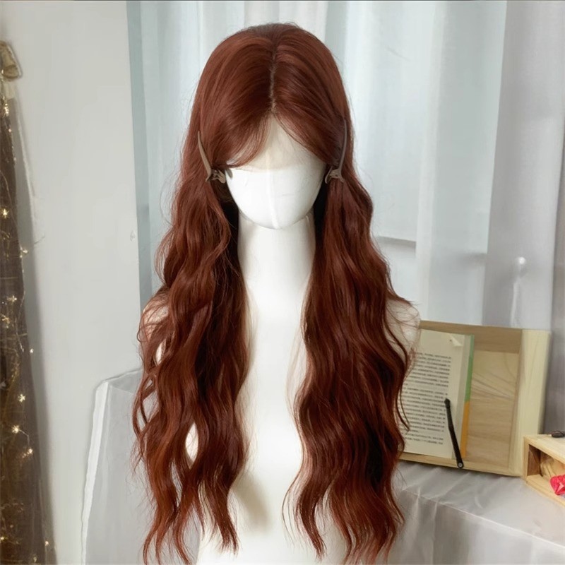 แคมโร ม218 คาราเมลสีแดงสีน้ําตาลวิกผมหญิงหน้าผากลูกไม้ตะขอมือเต็มหมวกระลอกน้ําผมหยิกยาว
