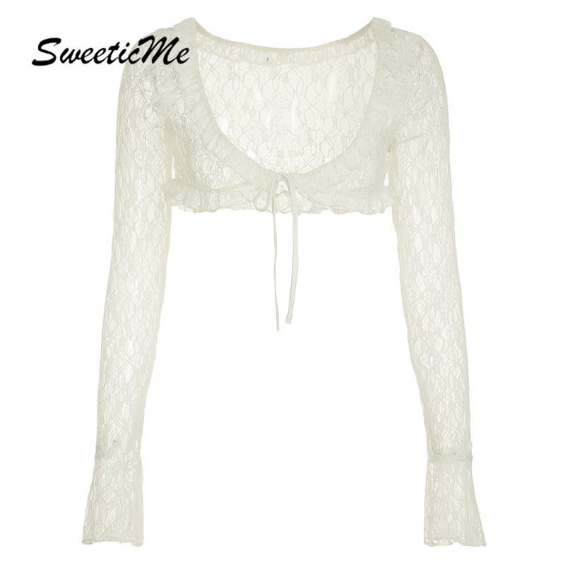 Sweeticme ผู้หญิง 2024 ใหม่แฟชั่น Lacing เซ็กซี่ดูผ่าน Flared เสื้อแขนยาวลูกไม้