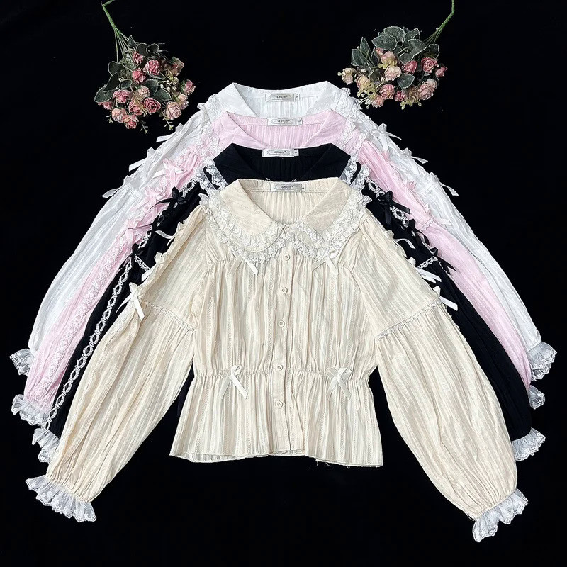 MnJapanese Kawaii Lolita Blouse Women Bow Lace Peter Pan Collar Vintage Shirts Tops Female Pink Slim