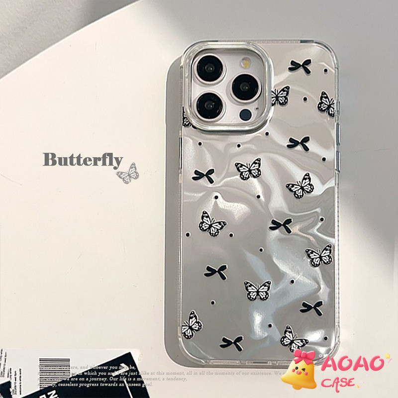 แฟชั่นสดโรแมนติกสีดำโบว์ผีเสื้อระลอกอ่อนนุ่ม เคสiPhone 11 16 13 12 15 14 Pro Max XR 7 14 8 15 16 Plus X XS Max SE 2022