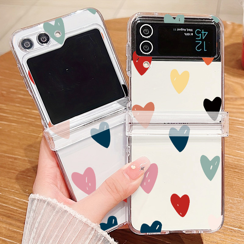 น่ารัก Love Heart ปลอกใส SamSung Galaxy Z Flip 6 5 Flip 4 3 กรณีบานพับป้องกันโปร่งใส Hard กันกระแทกปกหลัง