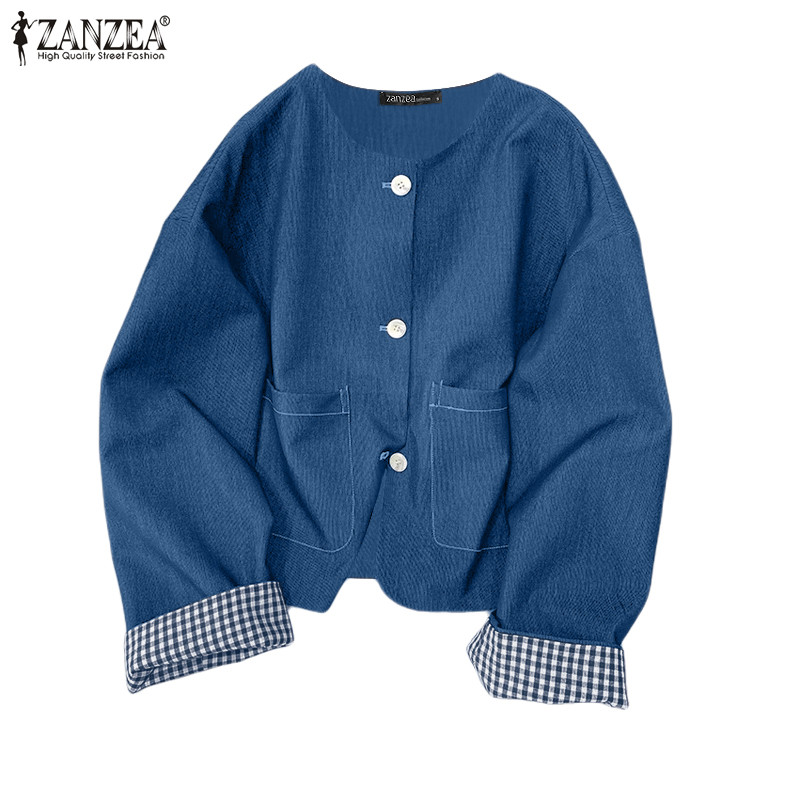 Zanzea เสื้อแจ็คเก็ตแขนยาวลายสก๊อตคอกลมลําลองสําหรับผู้หญิง