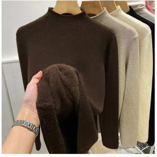 เสื้อตัวในถักบุขนกำมะหยี่หนาพิเศษสำหรับฤดูหนาวเสื้อสเวตเตอร์สวมหัวขนแกะชิ้นเดียวสำหรับผู้หญิงเสื้อตัวในที่ให้ความอบอุ่นสีล้วน Huuma กำมะหยี่กริด n9ma