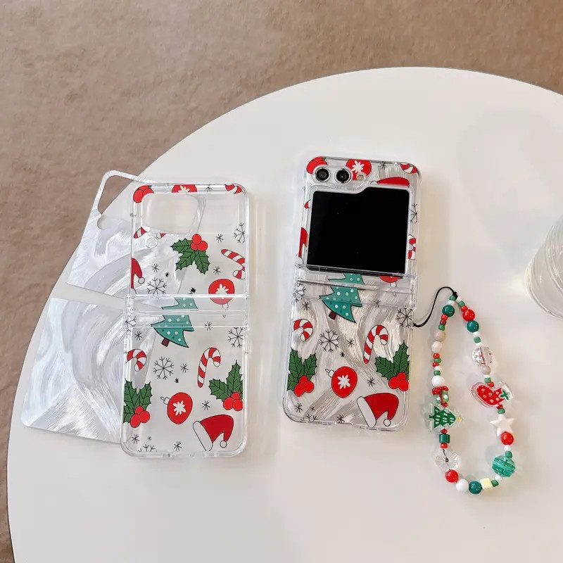 Feather ลูกไม้ต้นคริสต์มาสพับเคสโทรศัพท์พร้อมสร้อยข้อมือสําหรับ Samsung Galaxy Z Flip 6 4 5 3 5G Hard PC Slim กันกระแทกป้องกันเต็มรูปแบบสําหรับ Zflip6
