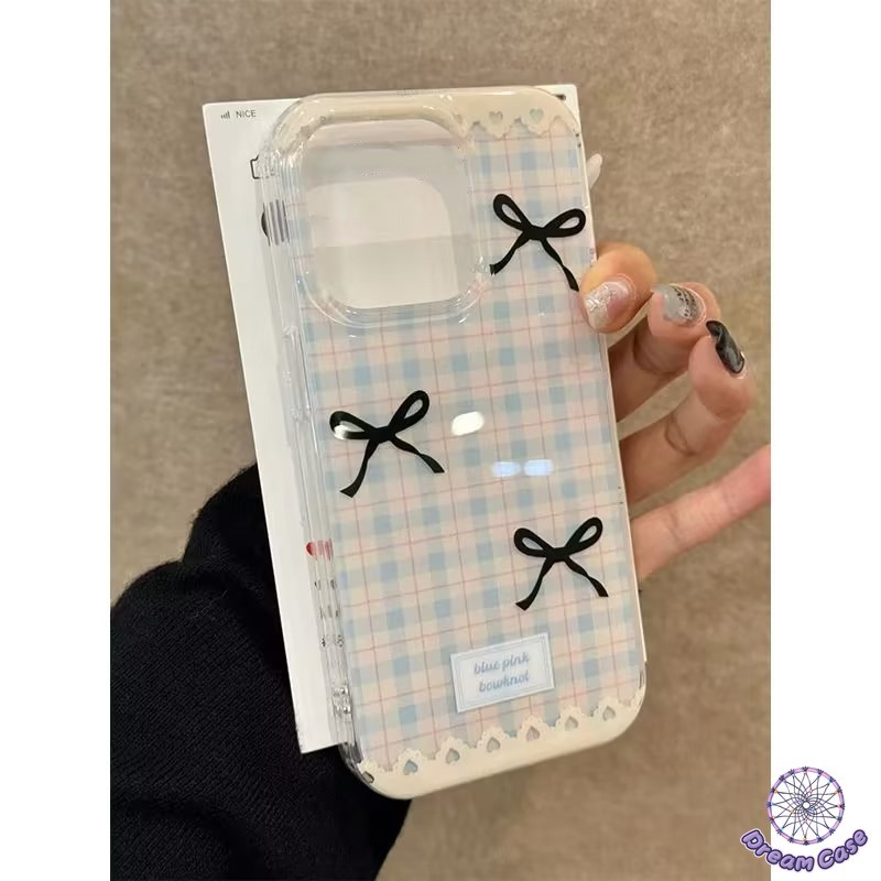 แฟชั่นสีฟ้าลายตารางน่ารักโบว์ผูกนุ่ม เคส iPhone 13 11 15 16 14 12 Pro Max 7Plus XR 15 16 6 7 8 6s 14 Plus X XS Max SE