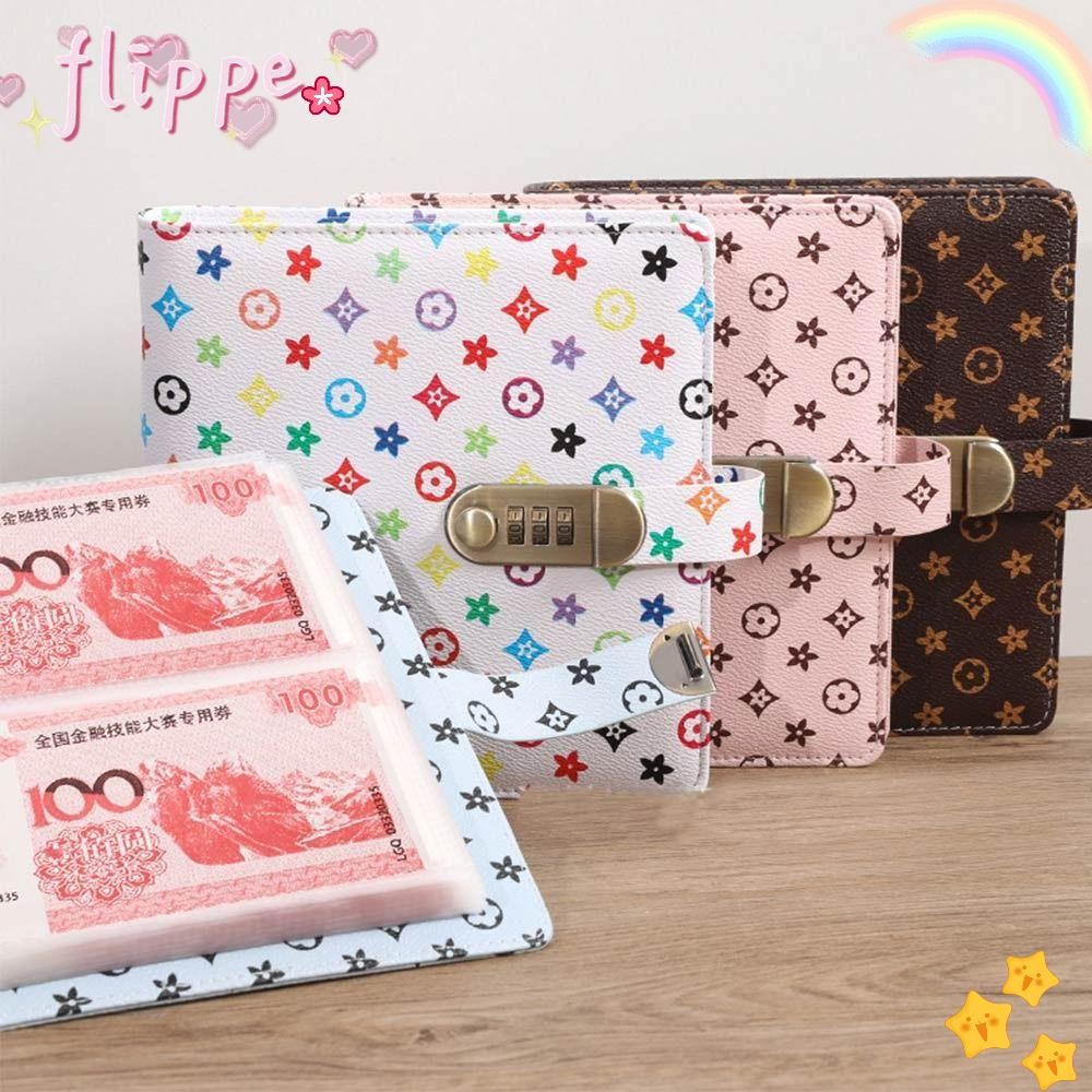 Flippe 100 ซองประหยัดเงิน Challenge, PU พร้อมรหัสผ่านล็อค Mini Binder Saving Challenge, ของขวัญประหยัดเงินความจุขนาดใหญ่นํากลับมาใช้ใหม่แผ่นคู่รัก