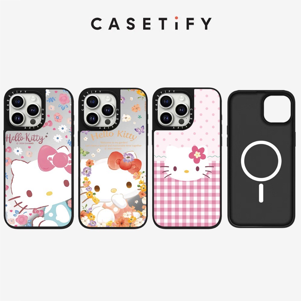 กระจกแม่เหล็ก Hello Kitty น่ารักหน้าใหญ่ Anti fall เคสโทรศัพท์สําหรับ IPhone 16 ProMax 16Pro 15ProMax 15 16 14 13 12 11 Pro Max Case เต็มห่อกันกระแทกด้านหลังฝาครอบอะคริลิค