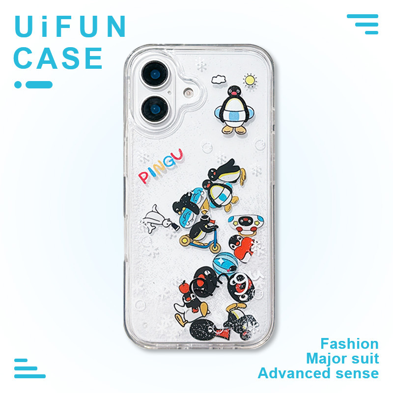 น่ารัก Pingu Penguin Slider Snowflake Quicksand เคสโทรศัพท์สําหรับ iPhone 16 15 14 13 12 Pro Max 11 16Plus โปร่งใส Anti-scratch Hard ฝาหลังปลอก