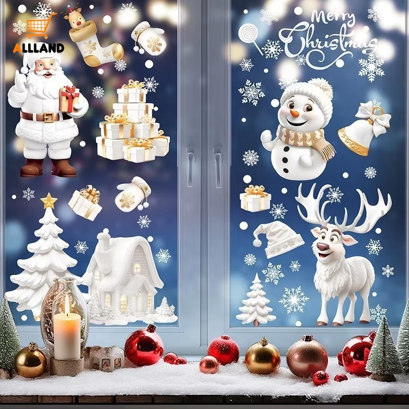 สติ๊กเกอร์หน้าต่างสีขาวคริสต์มาสการ์ตูน - Santa Claus Elf Snowman Elk DIY สติกเกอร์หน้าต่างแบบคงที่ - ตกแต่งคริสต์มาส Decals Decor