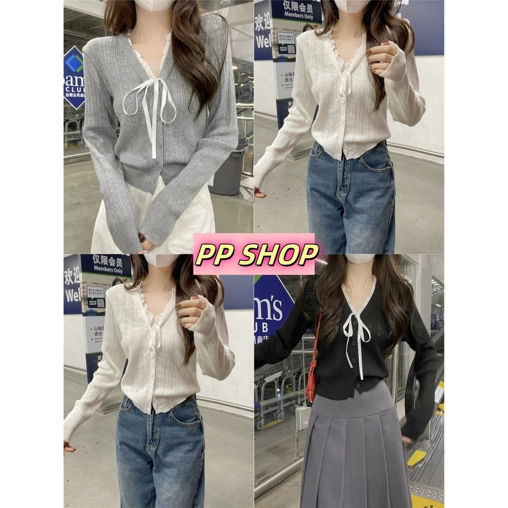 PP Shop​ พร้อมส่ง เสื้อไหมพรม เสื้อกันหนาว แขนยาว คอวี คาร์ดิแกน สเวตเตอร์ สไตล์ลำลอง ของปลอมสองชิ้น สไตล์เกาหลีZ-W55-1