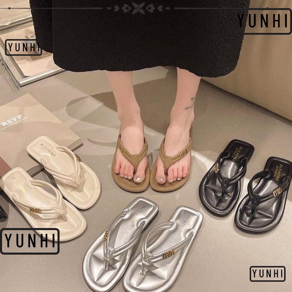 Yunhi รองเท้าแตะผู้หญิง รองเท้าแตะตัวอักษรเรียบง่ายสไตล์เกาหลีแฟชั่นรองเท้าแตะกันลื่นแบน